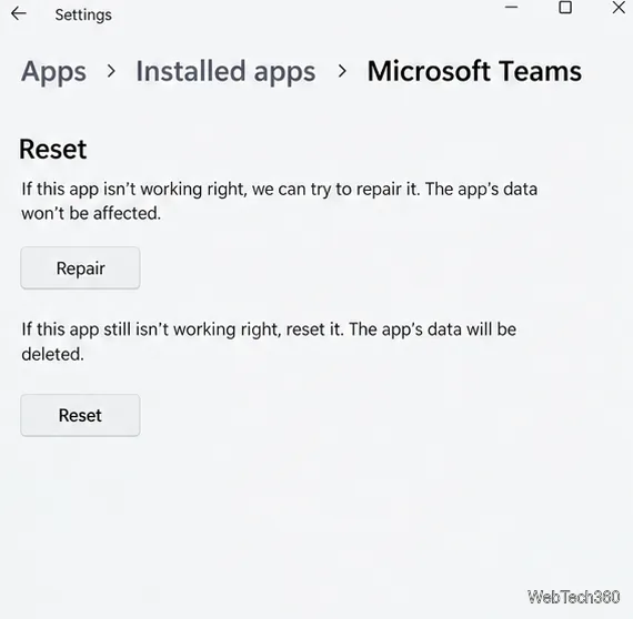 Microsoft Teams 進階選項頁面顯示了「重設」按鈕，並提示應用程式資料將被刪除。