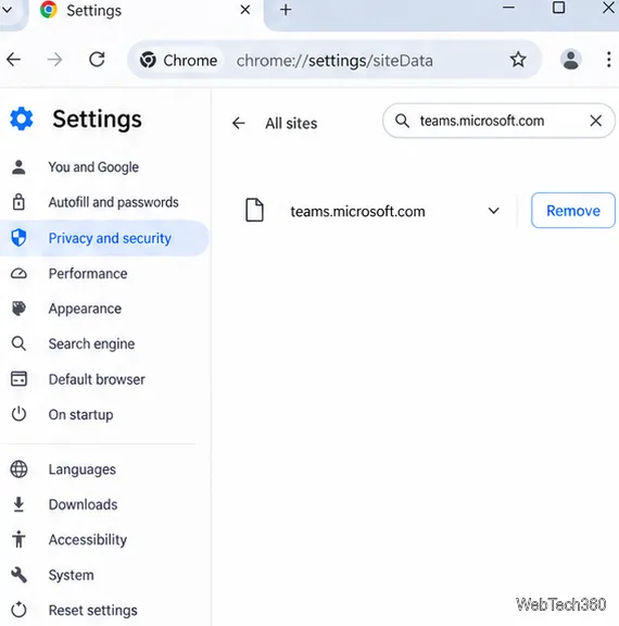 Chrome 網站資料設定已篩選，僅顯示 teams.microsoft.com，且網站的「移除」控制項可見。
