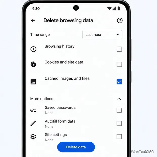Android版Chromeでキャッシュされた画像やファイルを削除する準備が整い、「データの削除」ボタンが表示されています。