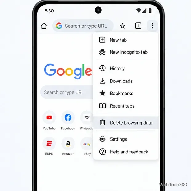 Android版Chromeの3点メニューが開いており、「閲覧データの削除」が表示されている。