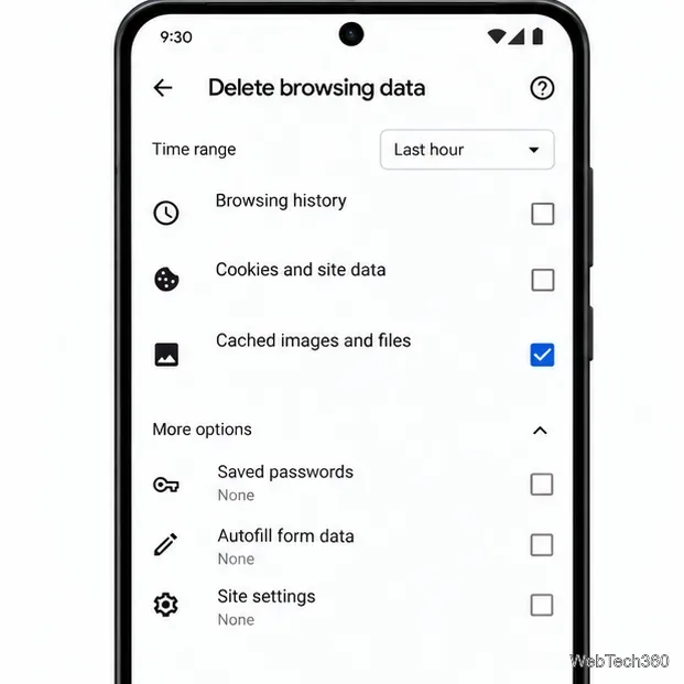 キャッシュされた画像とファイルを有効にし、履歴とCookieを無効にしたAndroid版Chrome
