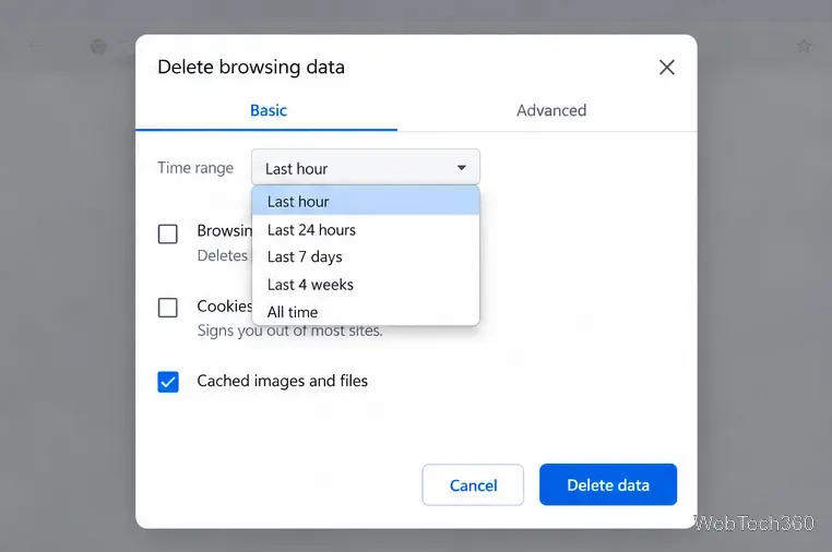 Chromeの閲覧データ削除ダイアログ（時間範囲リストが展開されている）