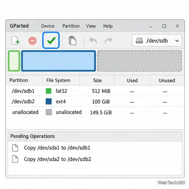 GParted displays queued partition-copy operations for review before applying them
