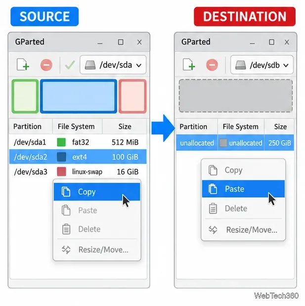GParted context menus show Copy on the source partition and Paste on unallocated destination space