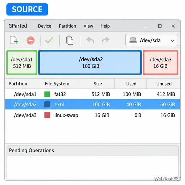 The source drive is selected in GParted with an EFI partition and Linux filesystem rows