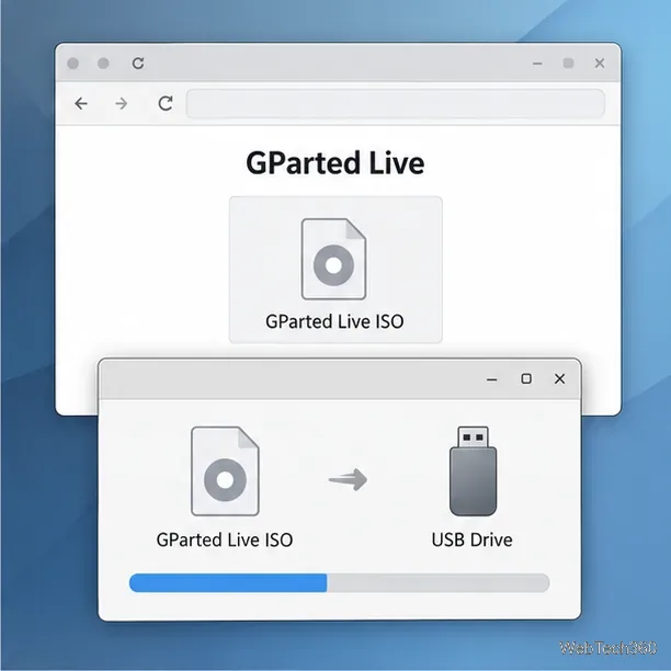 A GParted Live ISO is selected in a USB imaging window for writing to a flash drive