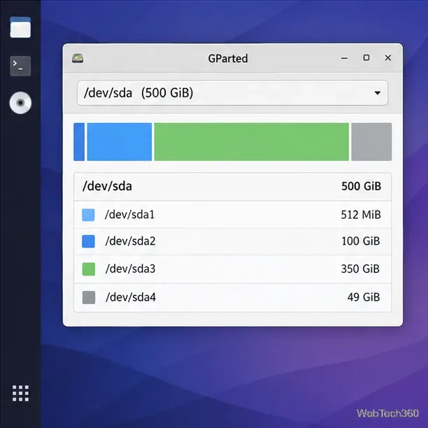GParted is open in a live Linux desktop with a disk selector and partition map