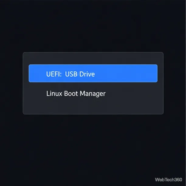 A UEFI boot menu highlights the USB drive above Linux Boot Manager
