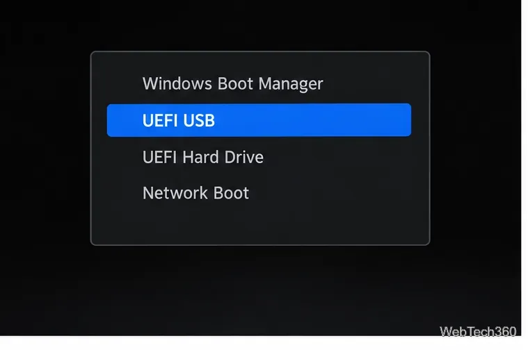 Exemplo de menu de inicialização com UEFI USB destacado acima da opção de unidade interna.