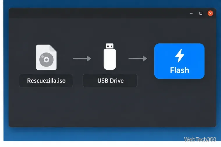Um utilitário de criação de imagens USB mostrando uma imagem ISO do Rescuezilla, uma unidade USB e a ação de gravação em flash.