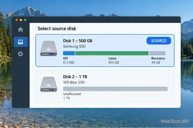 Ilustração de seleção de disco destacando uma unidade de origem de 500 GB com partições EFI, Linux e de recuperação.