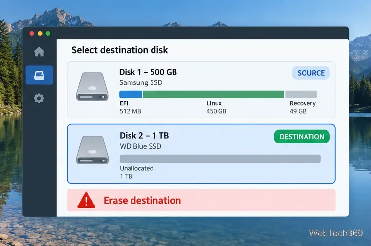 Uma ilustração de seleção de disco marcando um SSD vazio de 1 TB como destino e avisando que ele será apagado.