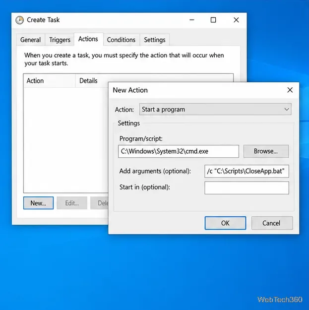 مربع حوار إجراء جديد لتشغيل cmd.exe مع مسار CloseApp.bat كوسيط
