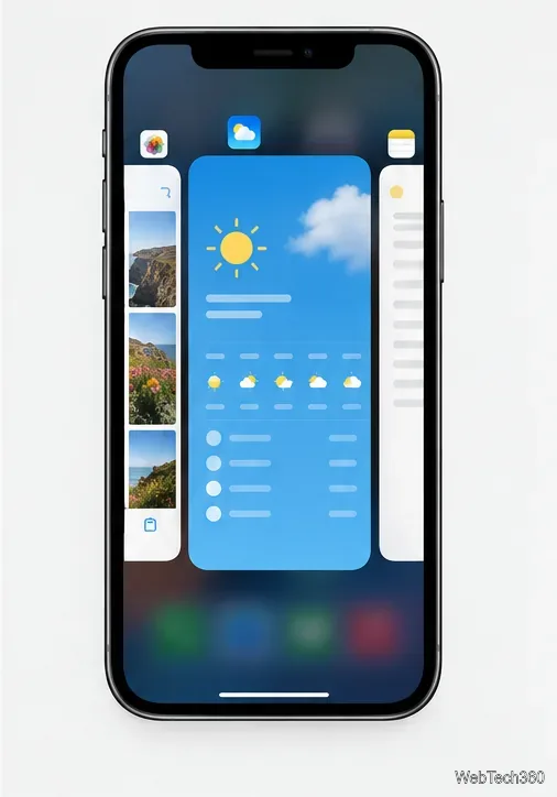 O seletor de aplicativos do iPhone exibe uma pré-visualização do aplicativo centralizada, com os cartões dos aplicativos vizinhos visíveis em ambos os lados.