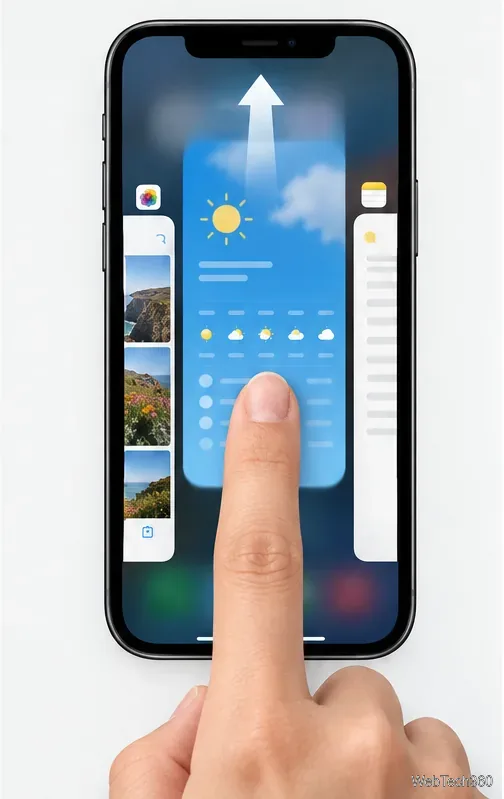 Um dedo desliza para cima, removendo a pré-visualização centralizada do aplicativo do seletor de aplicativos do iPhone.