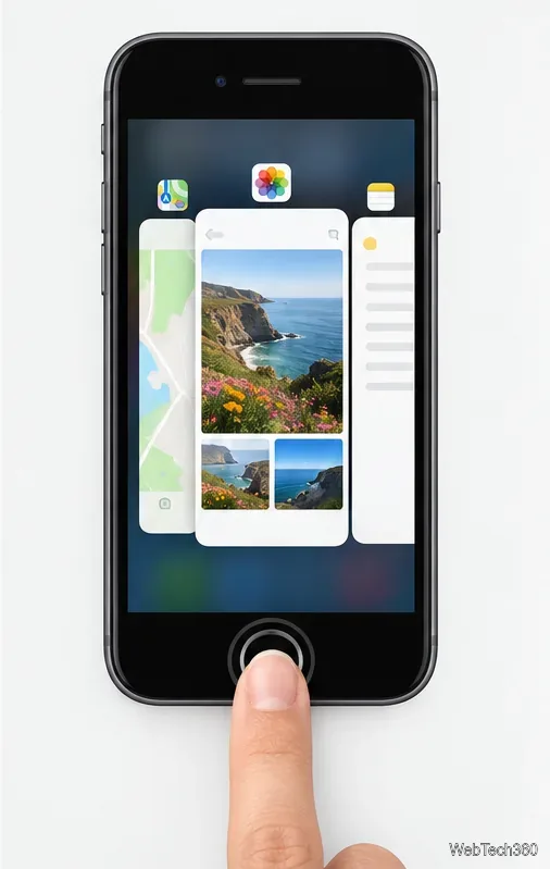 Um iPhone SE com botão Home físico exibe o Seletor de Aplicativos após um clique duplo.