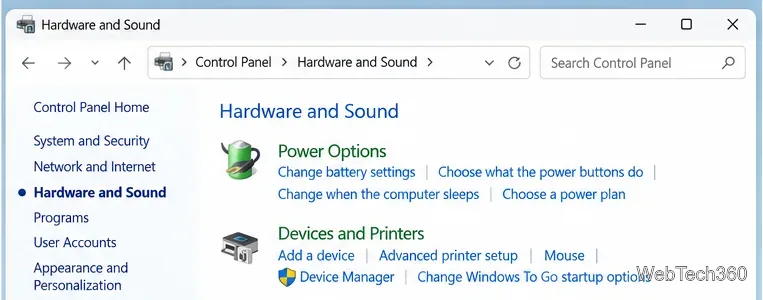 La page Matériel et audio du panneau de configuration affiche la section Options d'alimentation.