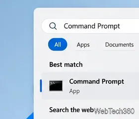La recherche Windows affiche l'application Invite de commandes comme résultat sélectionné.