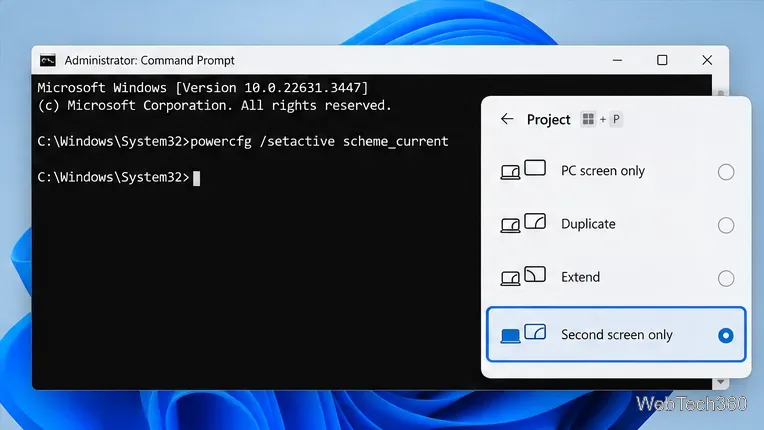 L'invite de commandes affiche la commande permettant de réactiver le mode de gestion de l'alimentation actuel à côté du menu Projet Windows, avec uniquement l'option Deuxième écran sélectionnée.