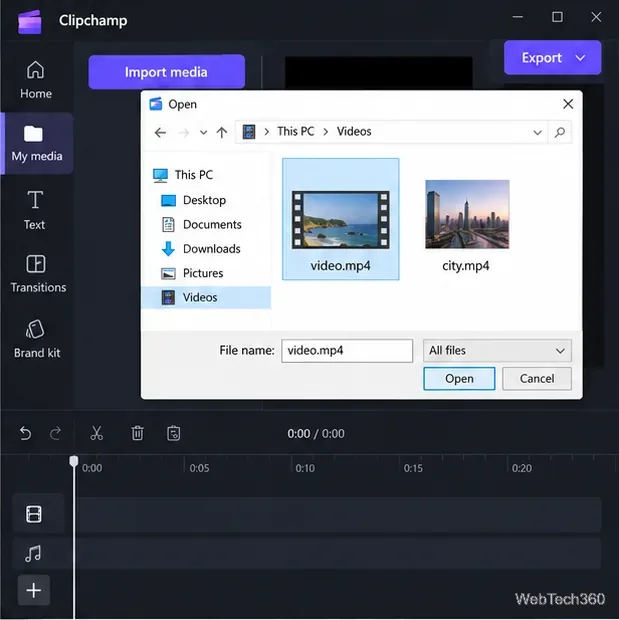 Clipchamp Mon panneau multimédia avec un sélecteur de fichiers Windows ouvert et video.mp4 sélectionné.
