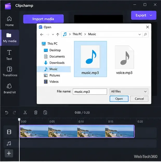 Le sélecteur de fichiers Clipchamp avec le fichier music.mp3 sélectionné tandis que le clip vidéo reste affiché sur la timeline.