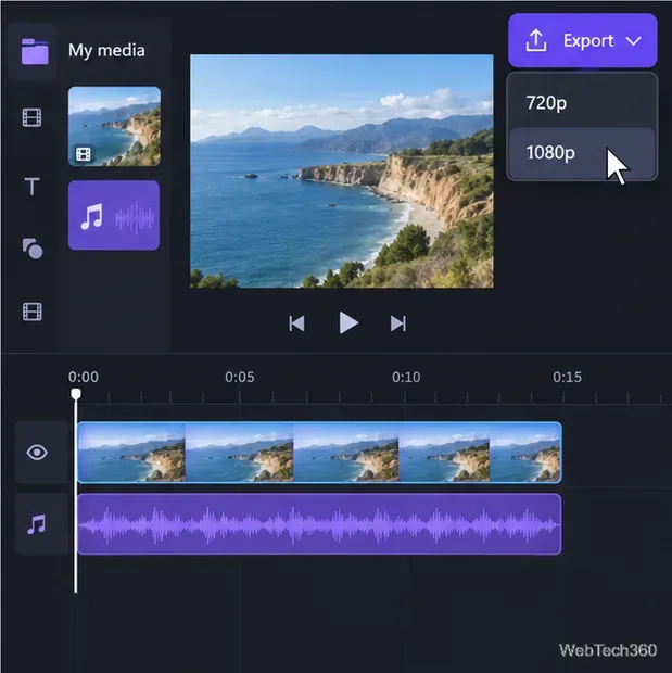 Menu d'exportation de Clipchamp affichant les options 720p et 1080p au-dessus des pistes vidéo et audio alignées.