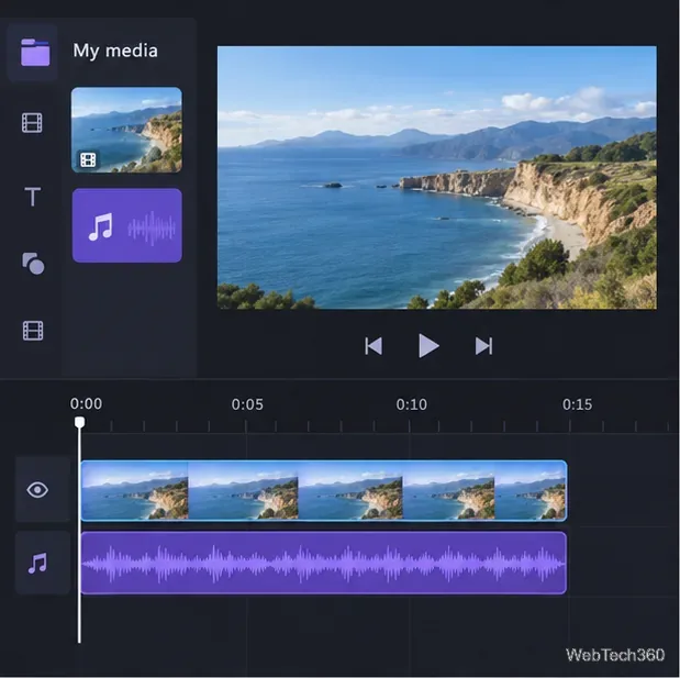 Chronologie Clipchamp avec un clip vidéo sur la rangée supérieure et une forme d'onde audio violette distincte alignée en dessous.