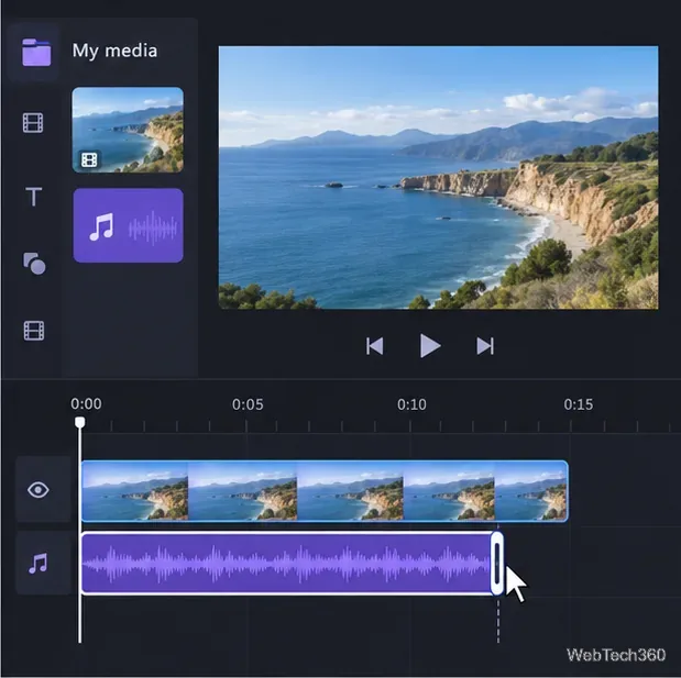 Une forme d'onde audio violette sélectionnée sur la timeline Clipchamp, dont la poignée de réglage droite est déplacée vers la gauche.