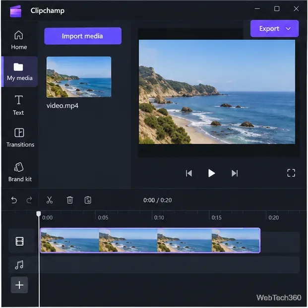Une vidéo côtière importée dans Clipchamp et placée au début de la chronologie.