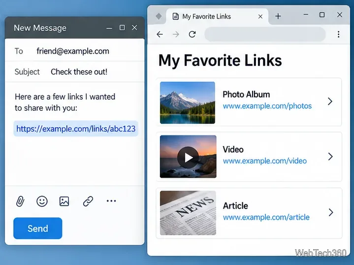 Message électronique contenant l'URL d'une collection à côté d'une page avec des liens vers un album photo, une vidéo et un article.