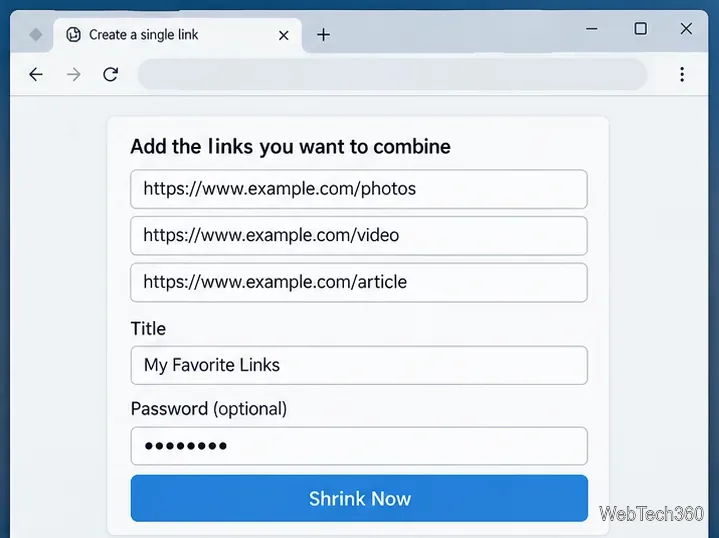 Exemple de formulaire de type Shrink2One avec trois URL, un titre de collection, un mot de passe facultatif et un bouton « Réduire maintenant ».