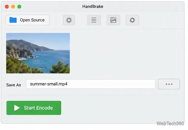 Иллюстративный пример поля назначения HandBrake для файла summer-small.mp4 с видимой кнопкой «Начать кодирование».