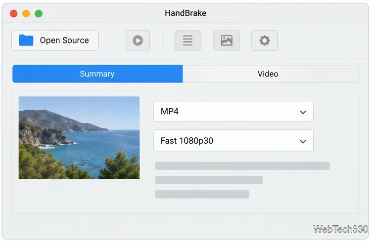 Иллюстративный сводный отчет HandBrake с выбранным контейнером MP4 и предустановкой Fast 1080p30.