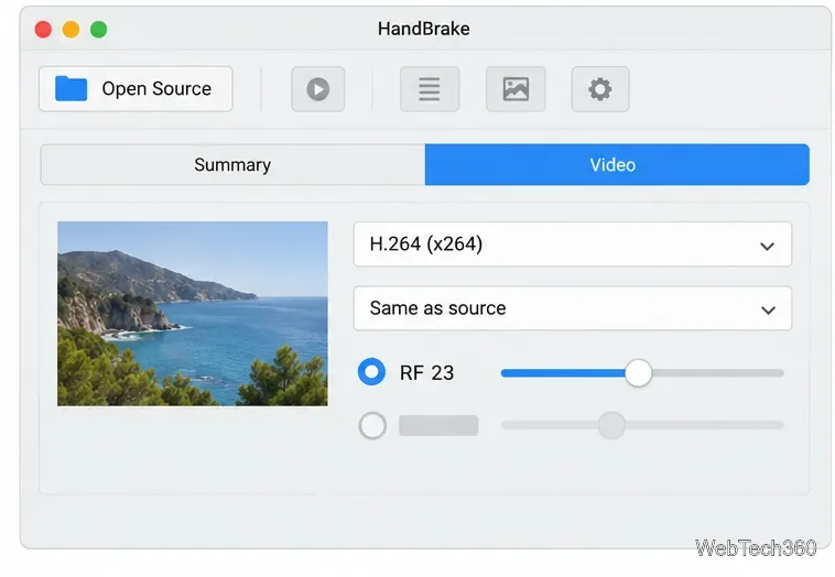 Иллюстративная вкладка «Видео» в HandBrake с кодированием H.264, частотой кадров, аналогичной исходной, и выбранным параметром RF 23.