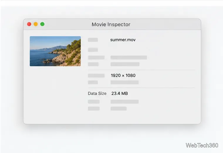 Иллюстративный пример использования QuickTime Movie Inspector, демонстрирующий видеофайл с разрешением 1920 × 1080 и размер его данных.