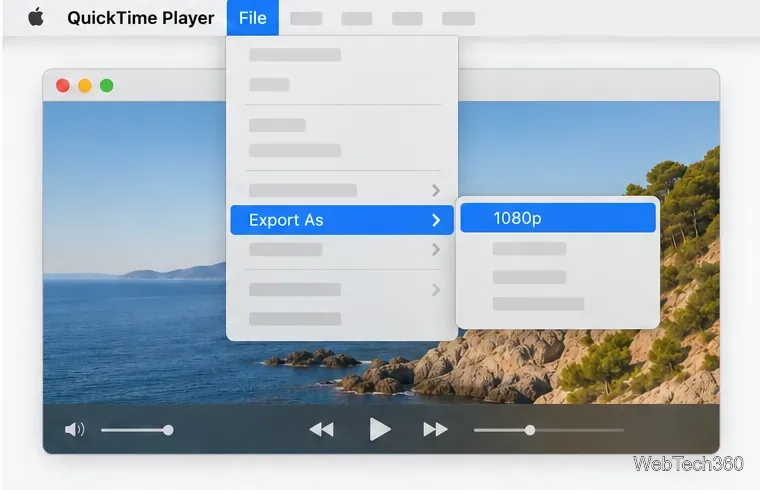 Иллюстрированное меню «Файл» в QuickTime Player с развернутым параметром «Экспорт как» и выделенным разрешением 1080p.
