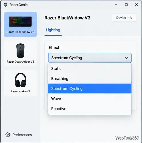 RazerGenieのライティングページで、エフェクトのドロップダウンメニューを展開し、「スペクトラムサイクリング」を選択した状態。