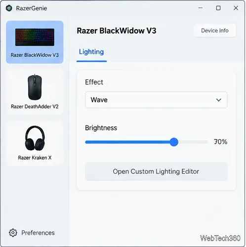 RazerGenieのライティングコントロール画面。エフェクトセレクターと、明るさが70%に設定されたスライダーが表示されている。