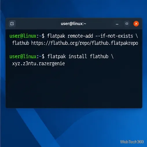 LinuxターミナルでFlathubを追加し、xyz.z3ntu.razergenie Flatpakをインストールします。