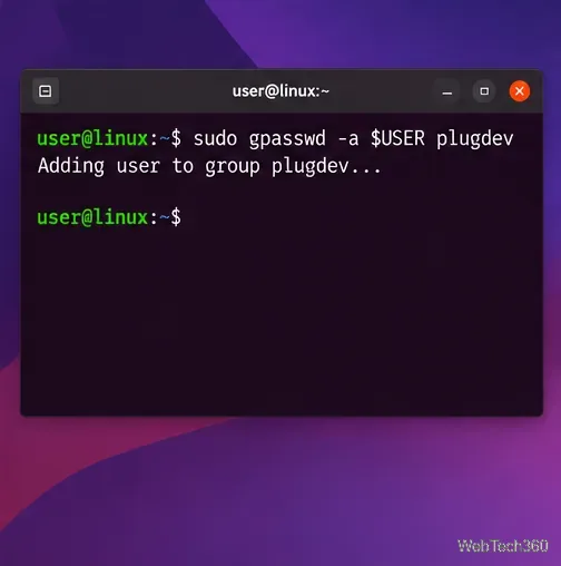Linuxターミナルで、現在のユーザーをplugdevグループに追加している。