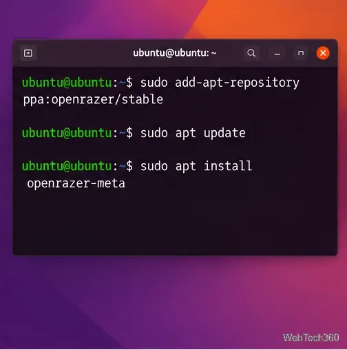 Ubuntuのターミナルコマンドで、OpenRazerの安定版PPAを追加し、openrazer-metaをインストールします。