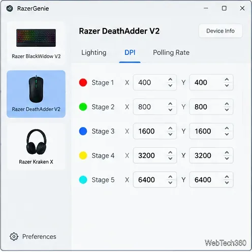 RazerGenieのマウスDPI設定ページ。複数の感度段階と、X軸とY軸の個別の値が設定可能。