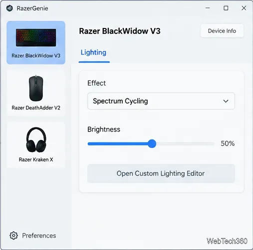 デバイスサイドバーで対応するBlackWidowキーボードを選択した状態でRazerGenieを起動します。