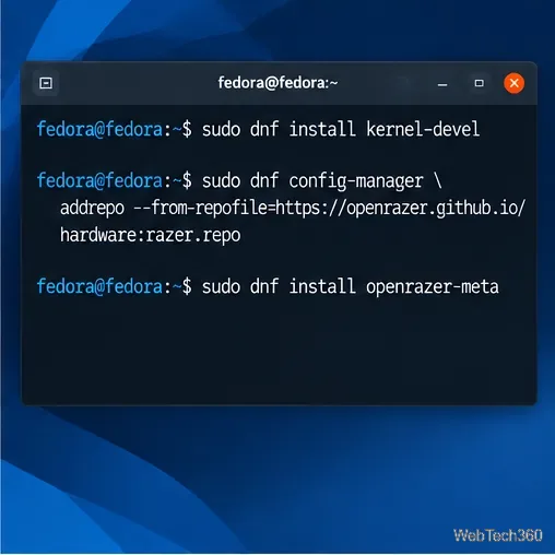 Fedoraのターミナルに、kernel-devel、OpenRazerリポジトリ、およびopenrazer-metaのインストールコマンドが表示されている。