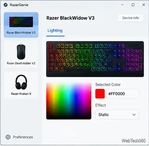 RazerGenieのカスタムライティングエディターで、キーごとにRGBカラーを設定できるキーボードを表示しています。