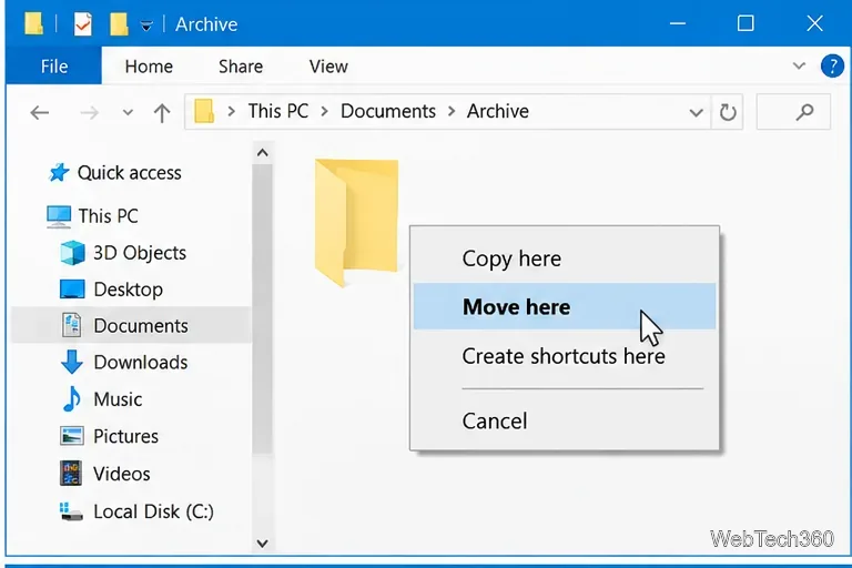 Windows 10 right-button drag menu with Copy here, Move here, Create shortcuts here, and Cancel