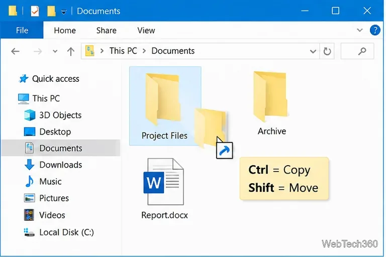 Windows 10 File Explorer illustration showing Ctrl for Copy and Shift for Move while dragging