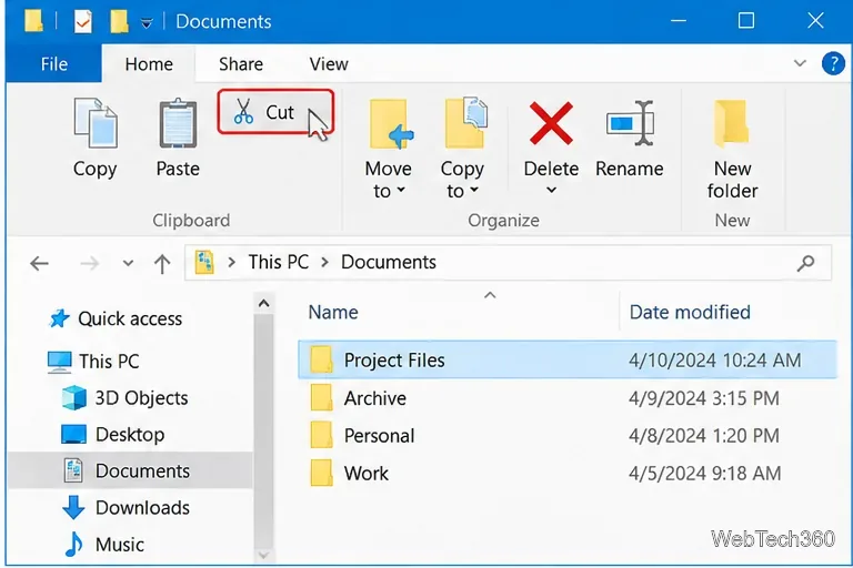 Windows 10 File Explorer Home ribbon with the Cut command highlighted for moving a folder safely