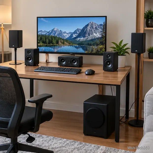 Configuration audio surround de bureau avec enceintes avant et centrale, deux enceintes sur pied et un caisson de basses.