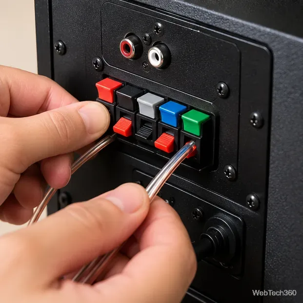 Des mains connectent des câbles d'enceintes appariés aux bornes à ressort situées à l'arrière d'un amplificateur d'enceintes.